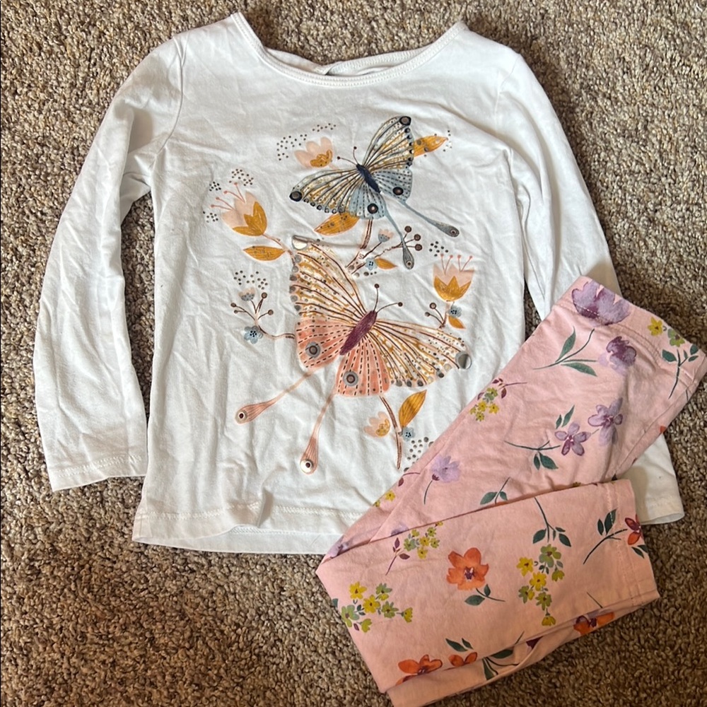 Carter's White Long Sleeve Butterfly & Floral Shirt with Pink Floral Leggings